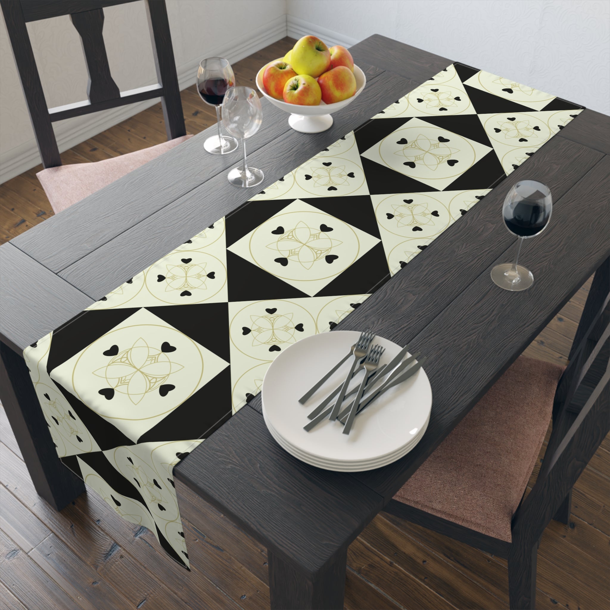 Geometric Heart Quilt Table Runner — Black & Cream Modern Farmhouse Decor