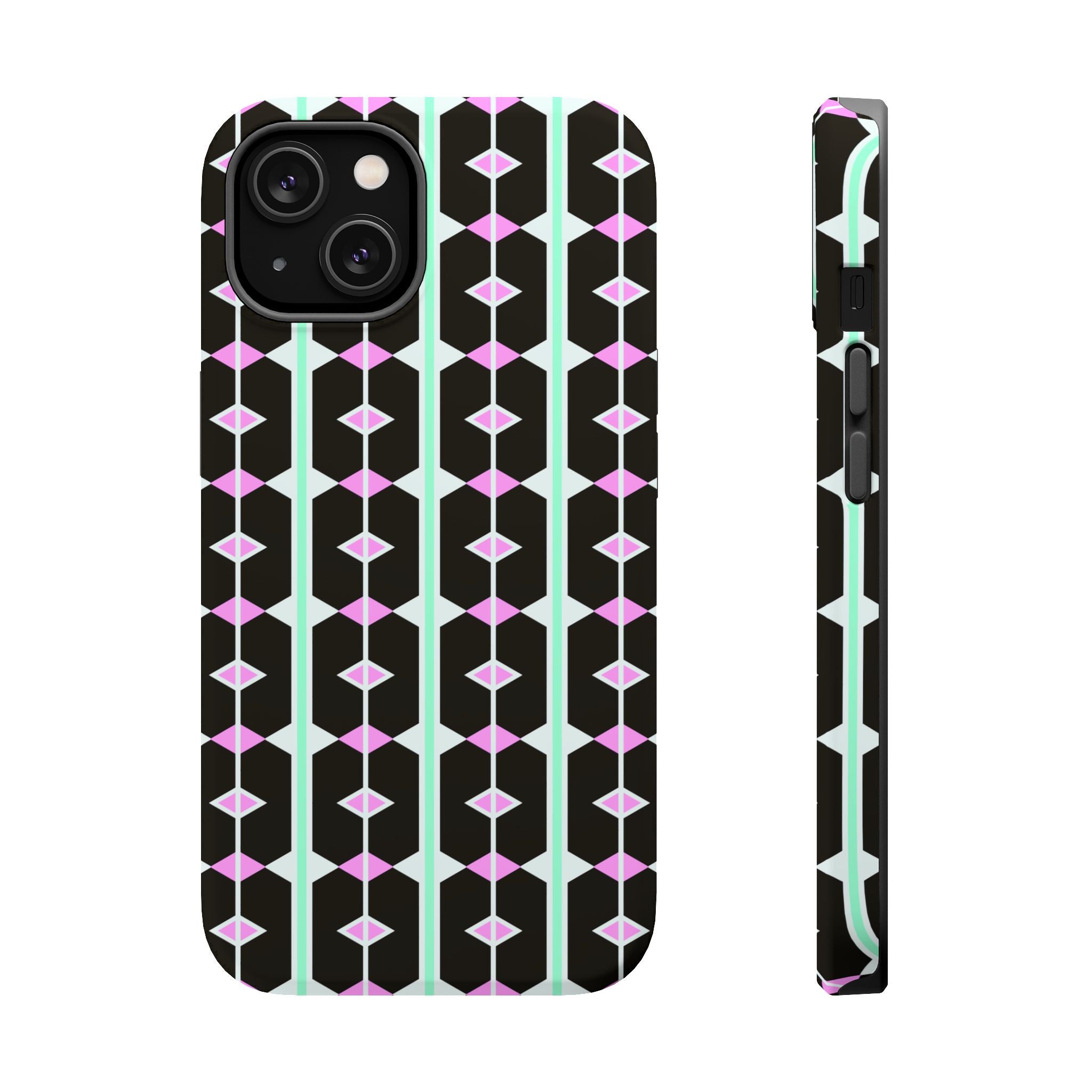 Geom Stripe Magnetic Phone Case — Black with Mint & Lavender Pattern