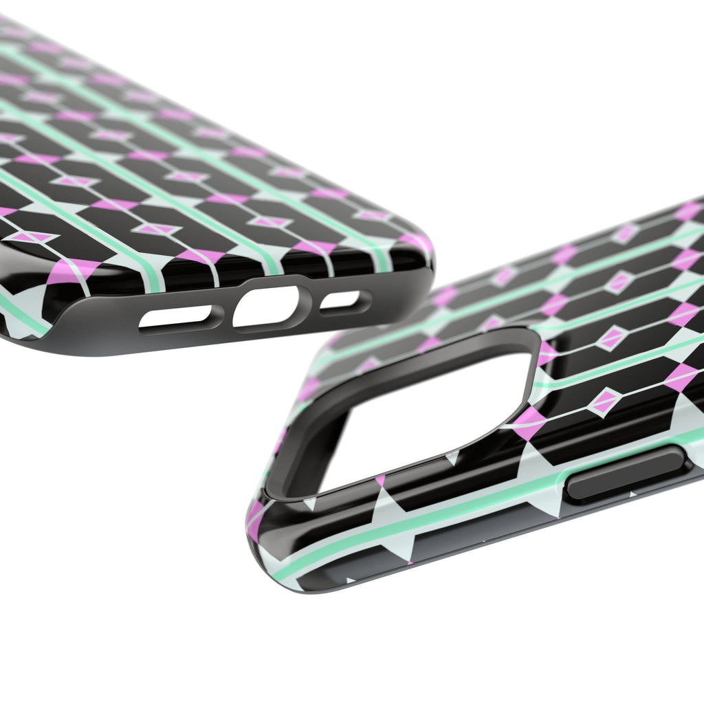 Geom Stripe Magnetic Phone Case — Black with Mint & Lavender Pattern