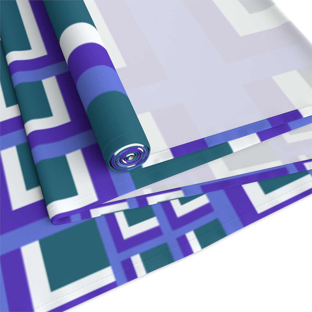 Geometric Purple Square Table Runner — Modern Retro Pattern Cotton-Poly Blend