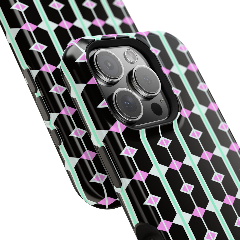 Geom Stripe Magnetic Phone Case — Black with Mint & Lavender Pattern