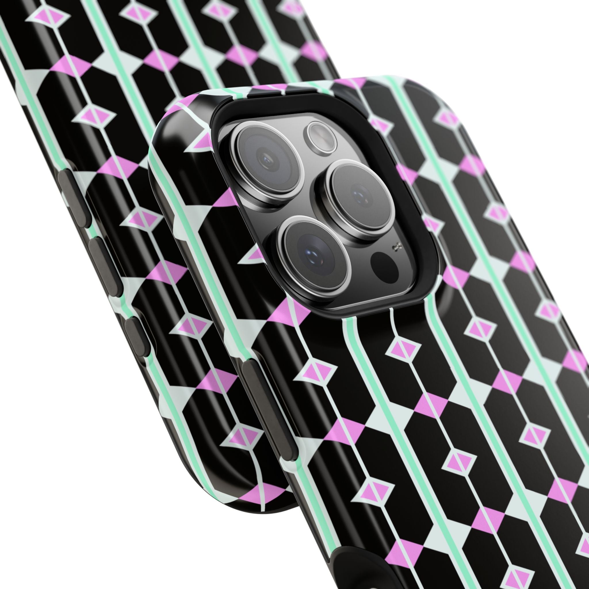 Geom Stripe Magnetic Phone Case — Black with Mint & Lavender Pattern