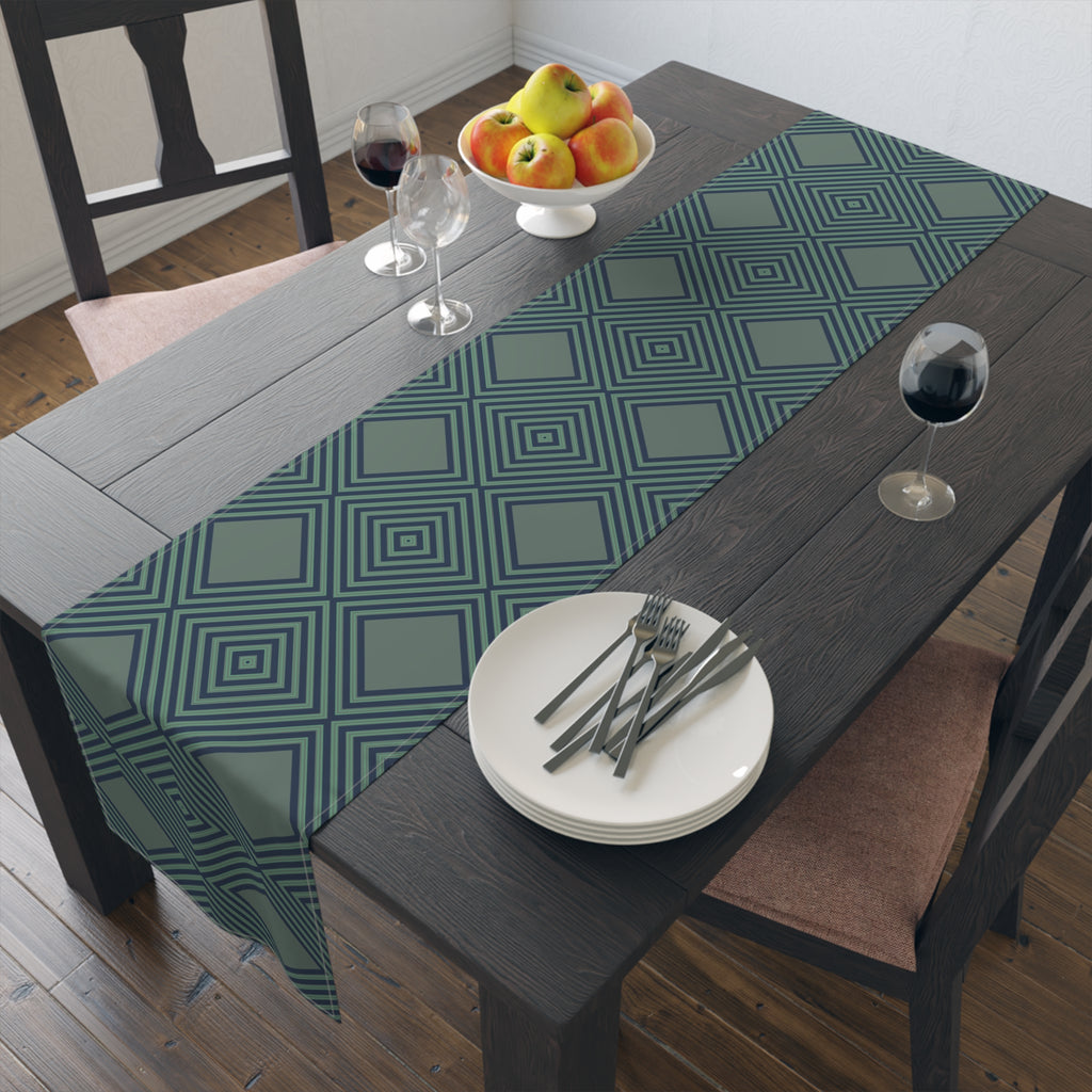 Geometric Diamond Table Runner — Modern Teal Cotton-Poly Accent