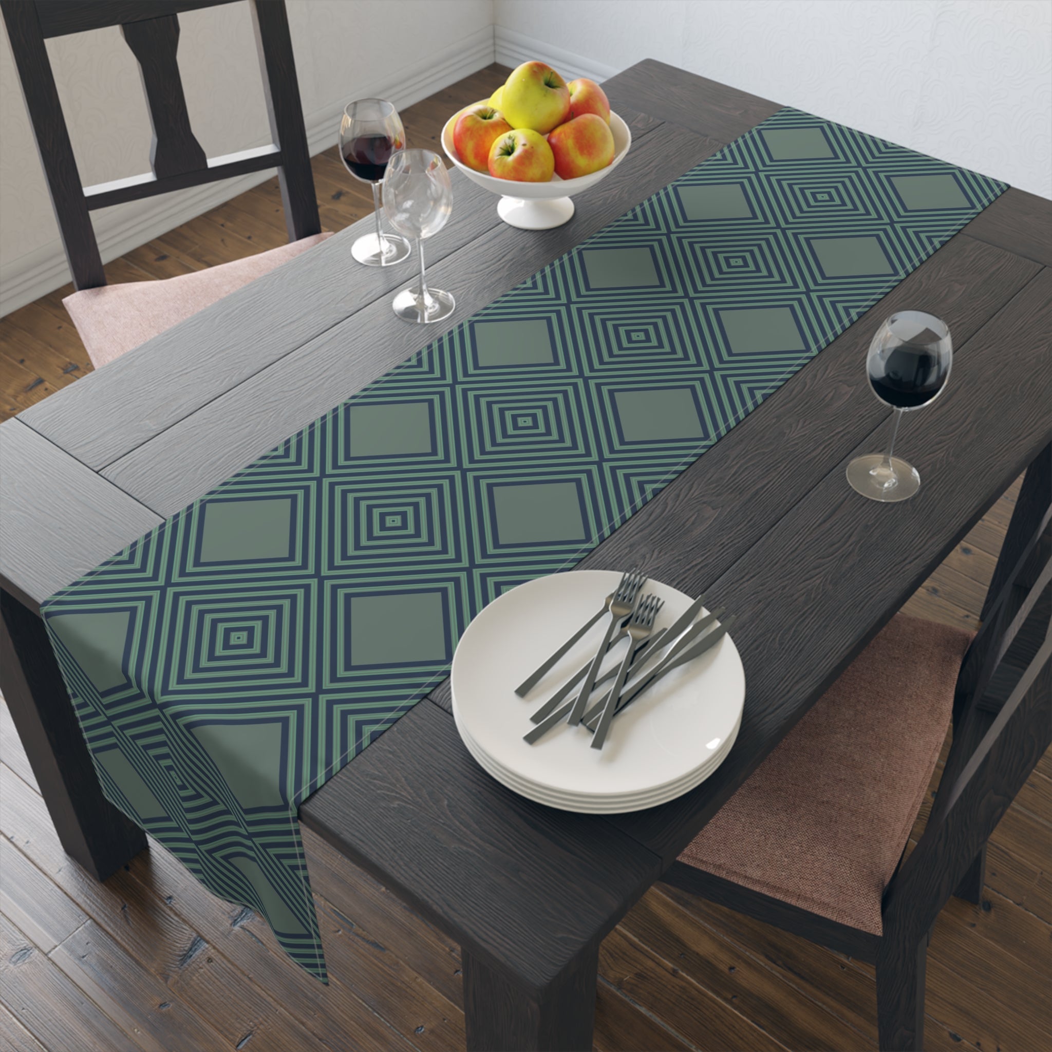 Geometric Diamond Table Runner — Modern Teal Cotton-Poly Accent