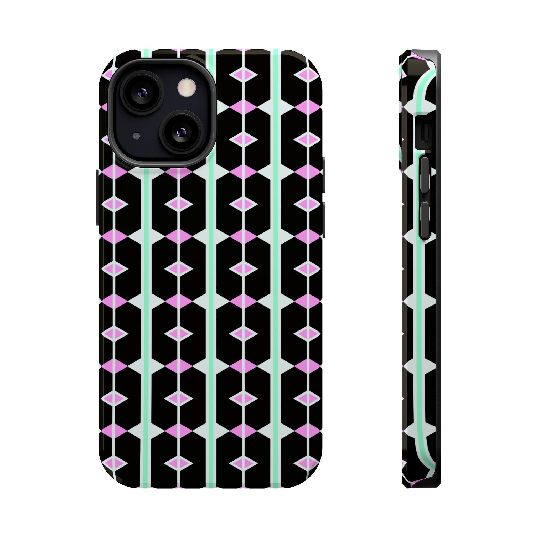 Geom Stripe Magnetic Phone Case — Black with Mint & Lavender Pattern