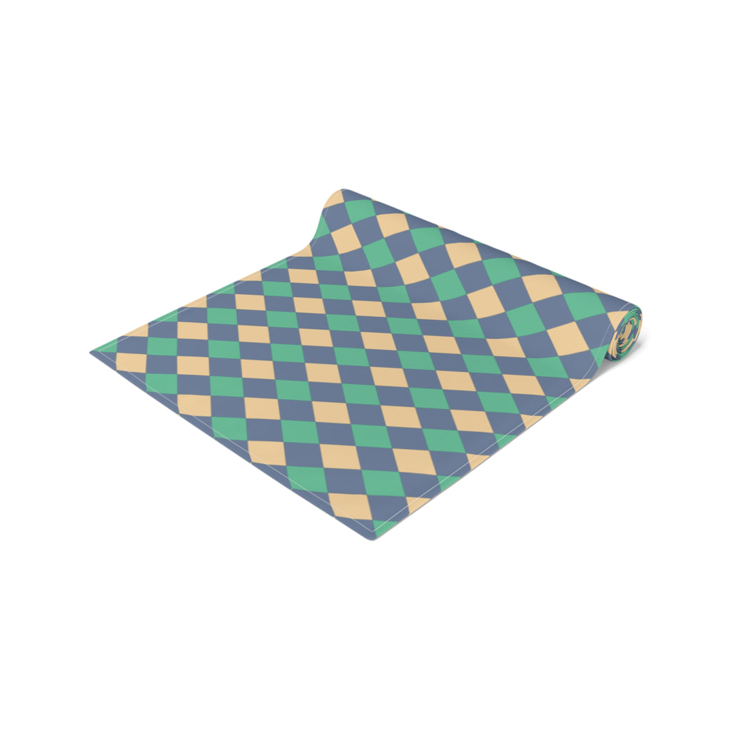 Diamond Check Table Runner — Retro Teal & Mustard Geometric Dining Decor