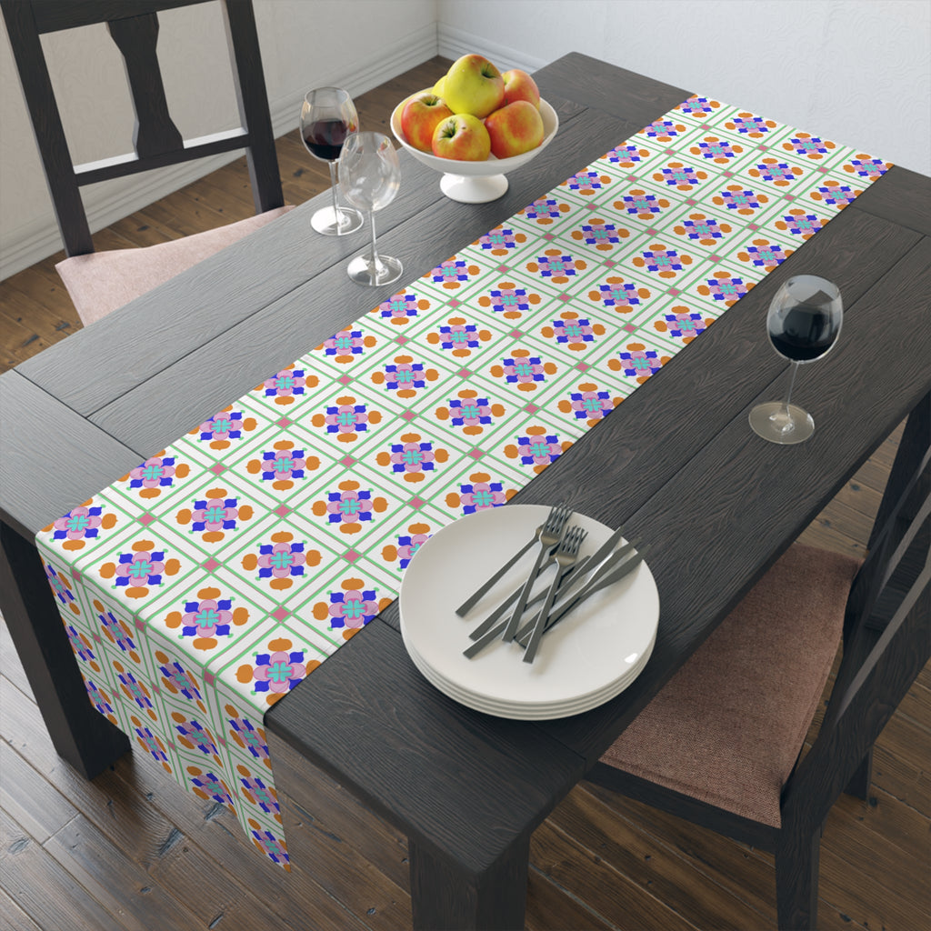 Floral Tile Table Runner — Retro Pastel Pattern Cotton-Poly Blend