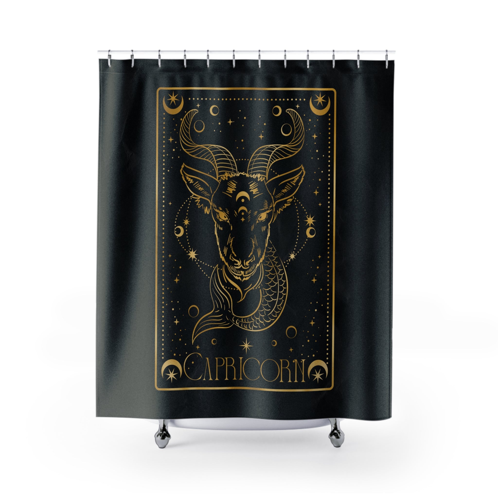Capricorn Zodiac Shower Curtain — Gold Mystic Goat Astrological Bathroom Decor