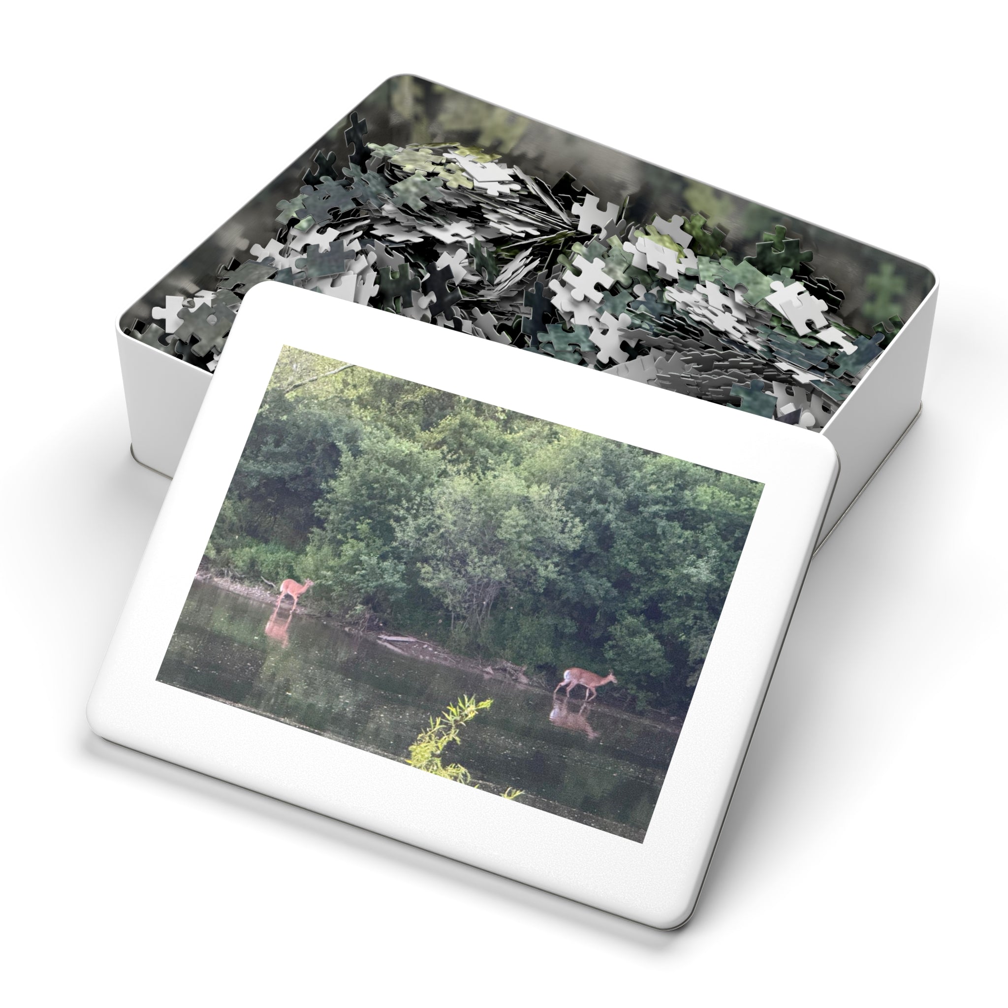 Deer by the River Jigsaw Puzzle with Tin — Scenic Nature Puzzle