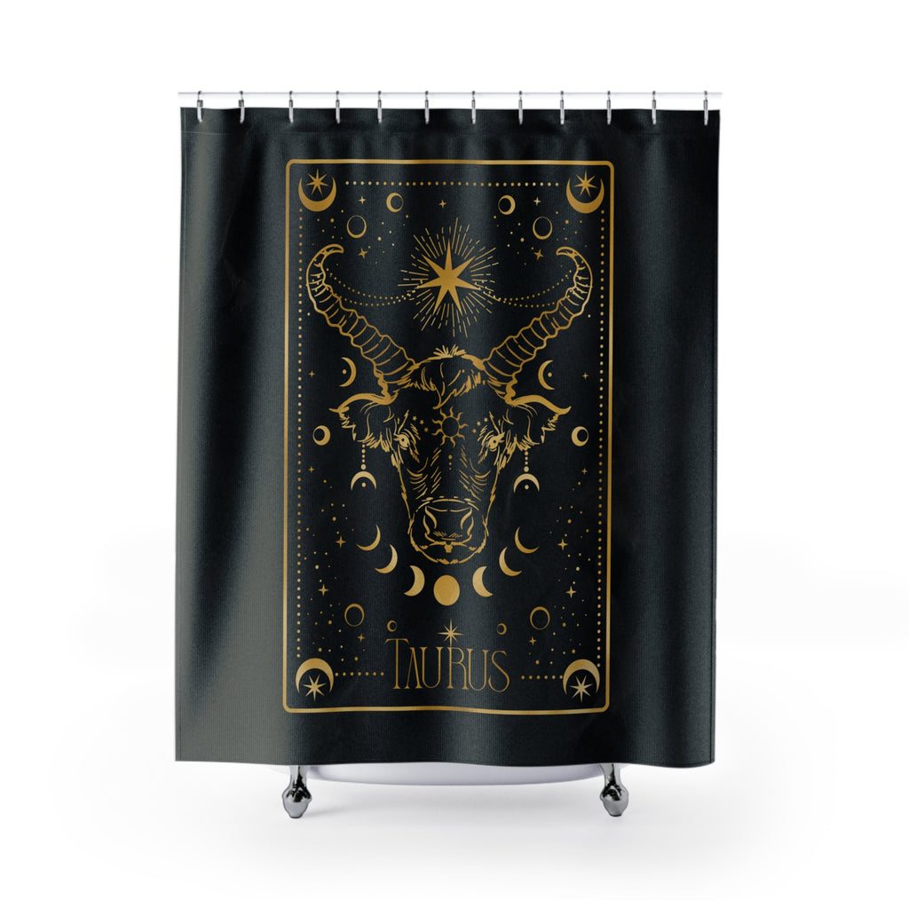 Taurus Zodiac Shower Curtain — Gold Celestial Bull Astrology Bathroom Decor