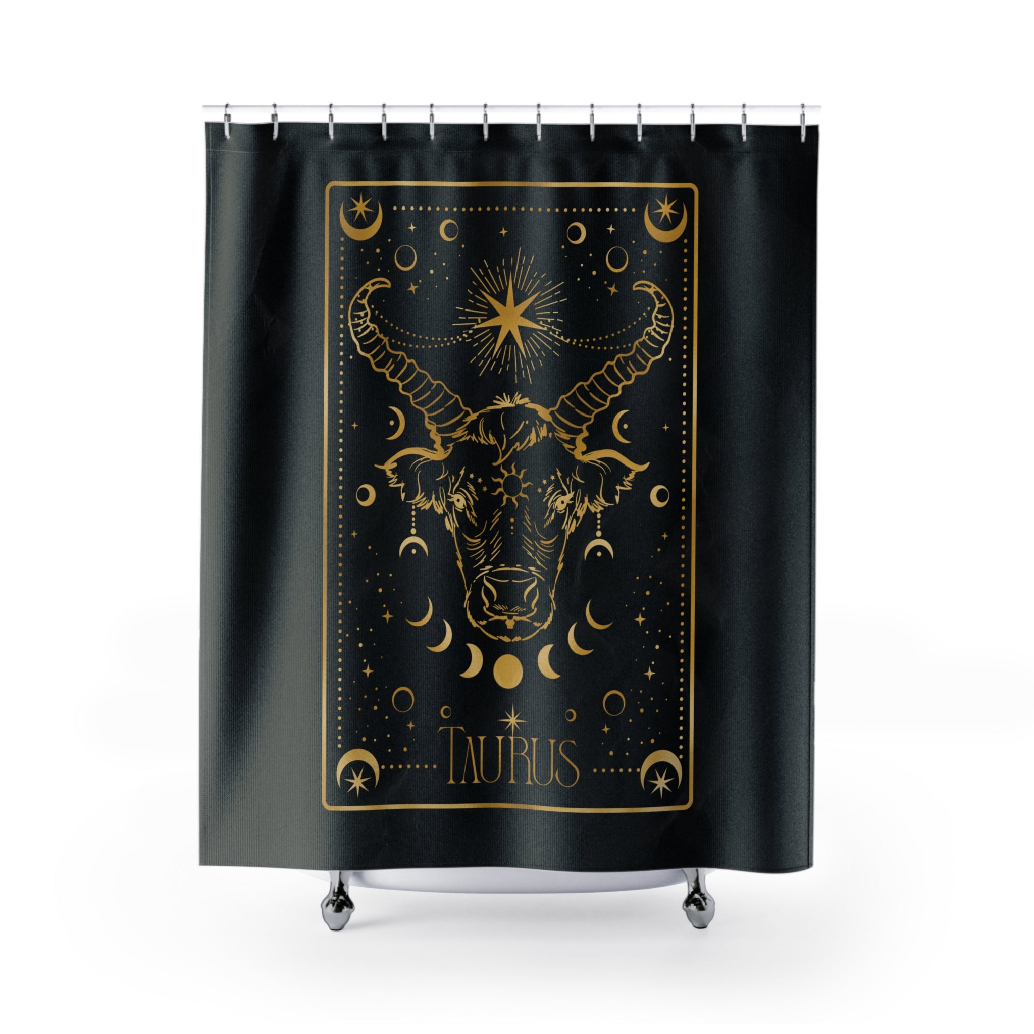 Taurus Zodiac Shower Curtain — Gold Celestial Bull Astrology Bathroom Decor