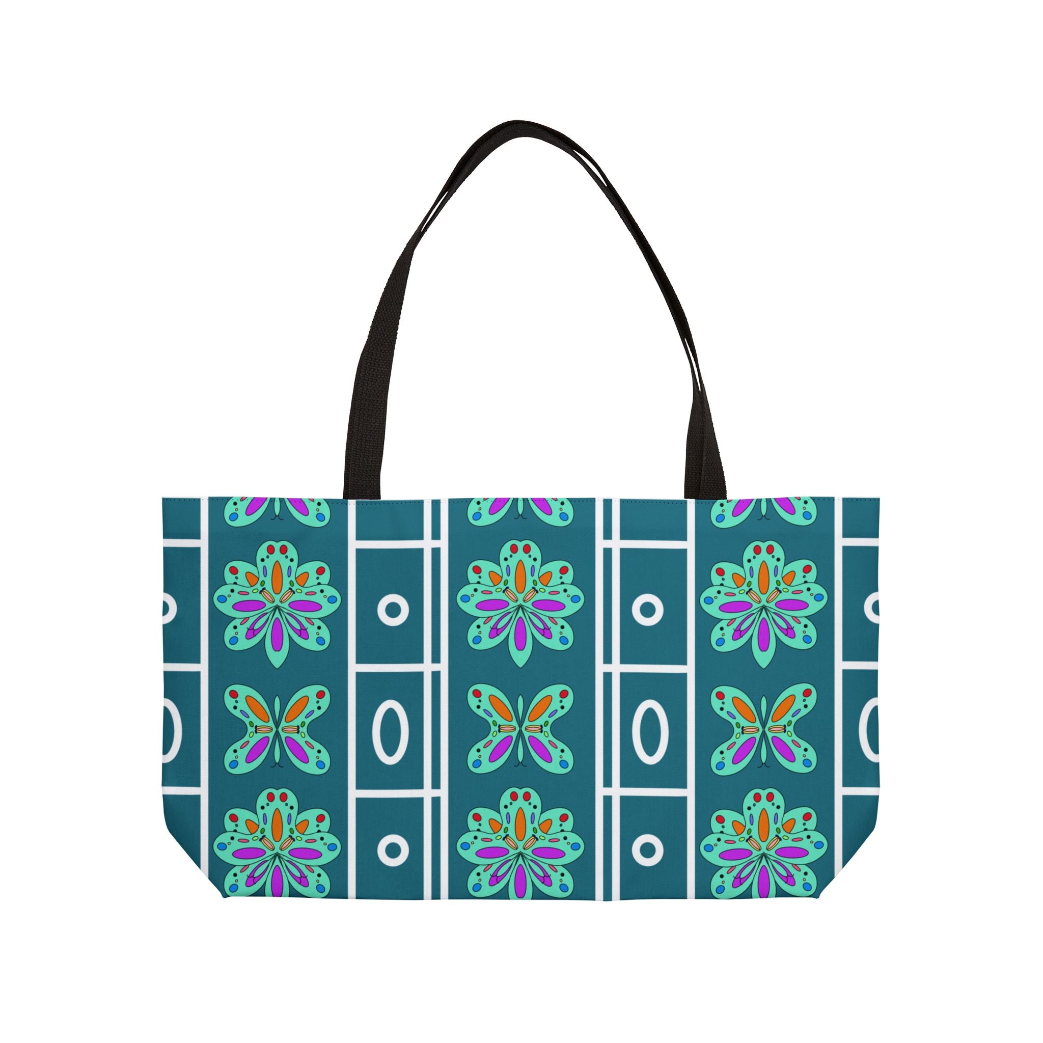 Patterned Weekender Tote Bag — Teal Floral Geometric Travel Bag