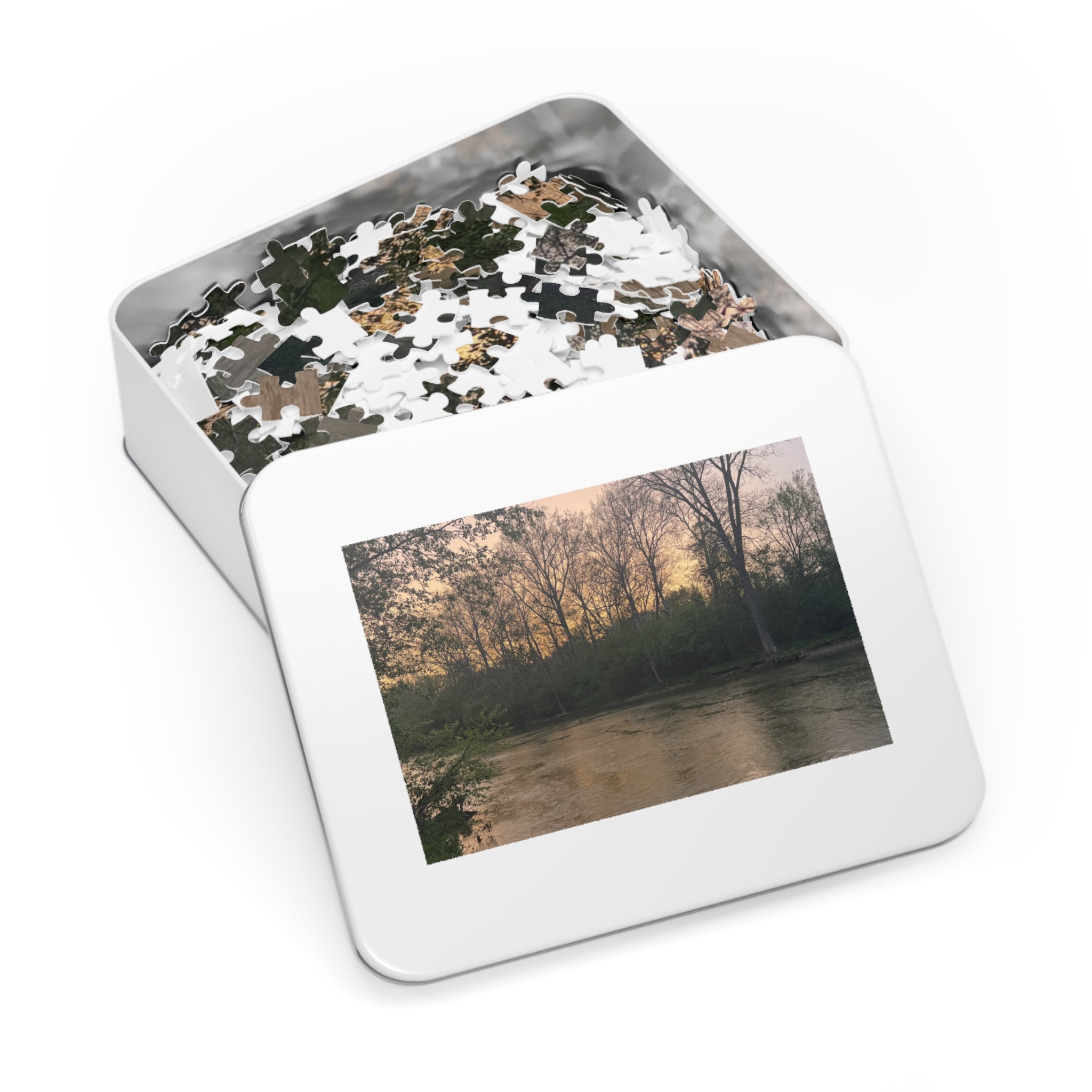 Sunset River Landscape Jigsaw Puzzle with Tin