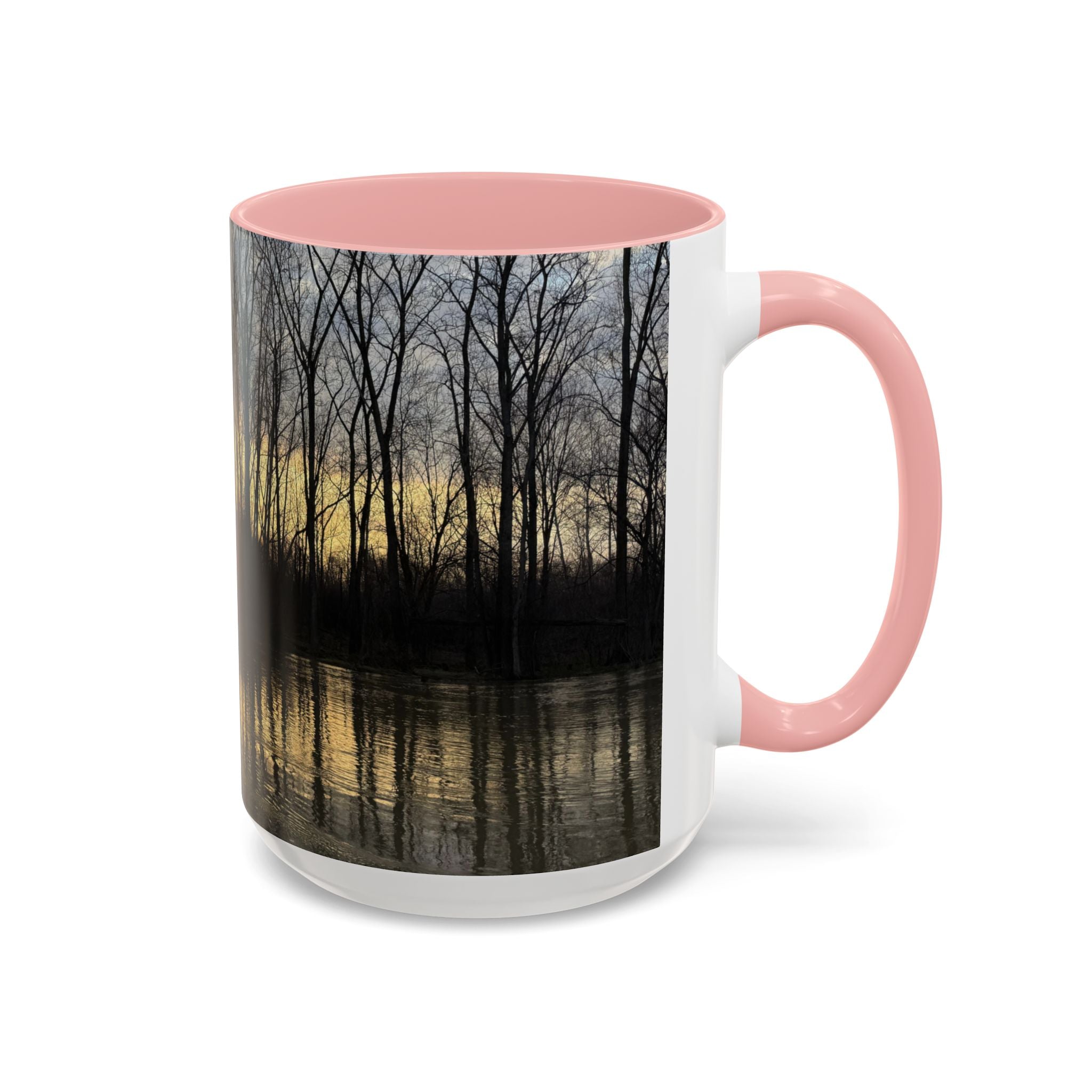 Sunset Reflection Coffee Mug — Forest Silhouette Accent Mug