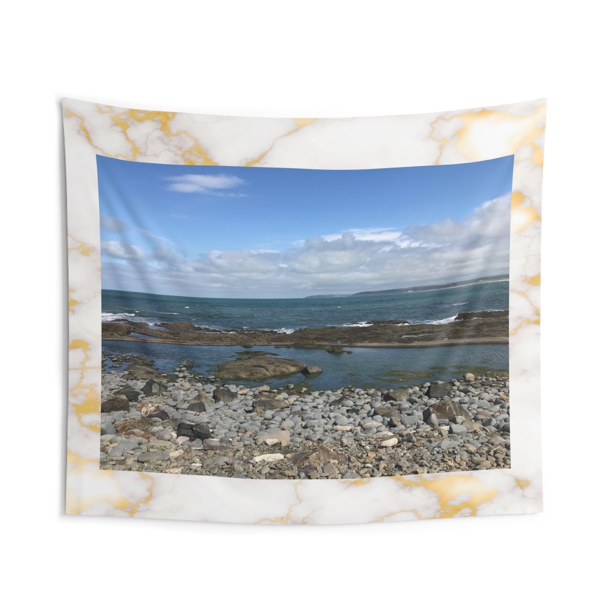 Coastal Pebble Beach in Devon, England Tapestry — Seaside Wall Art with Marble Border