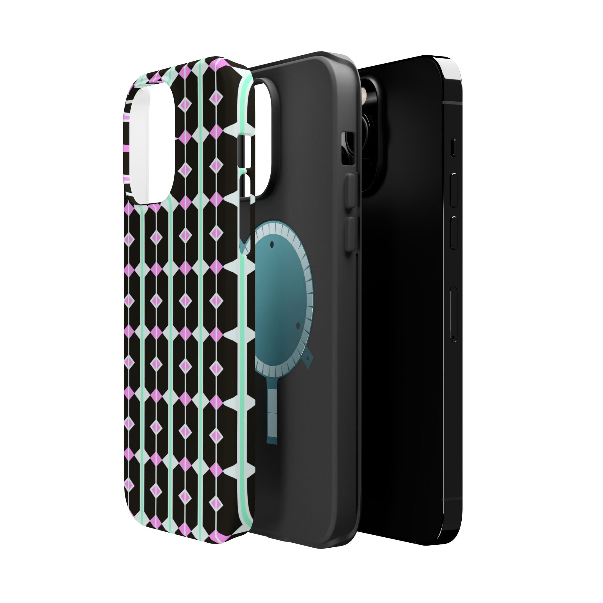 Geom Stripe Magnetic Phone Case — Black with Mint & Lavender Pattern