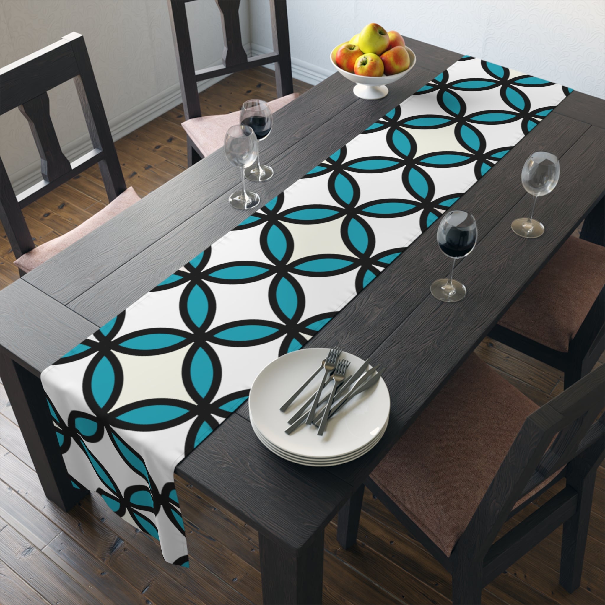 Geometric Blue Trellis Table Runner — Modern Mid-Century Dining Accent