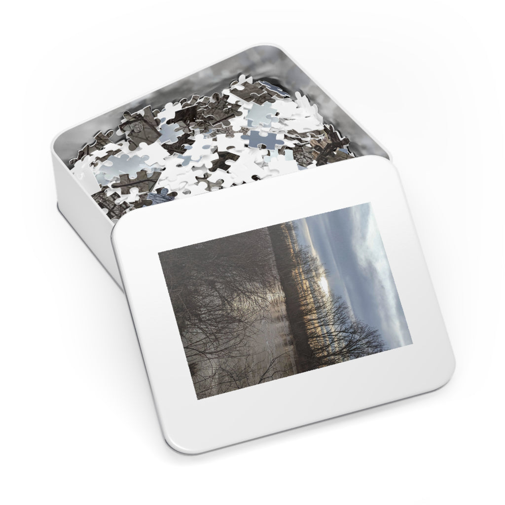 Scenic Winter Marsh Jigsaw Puzzle with Tin - Tranquil Lake Sunset