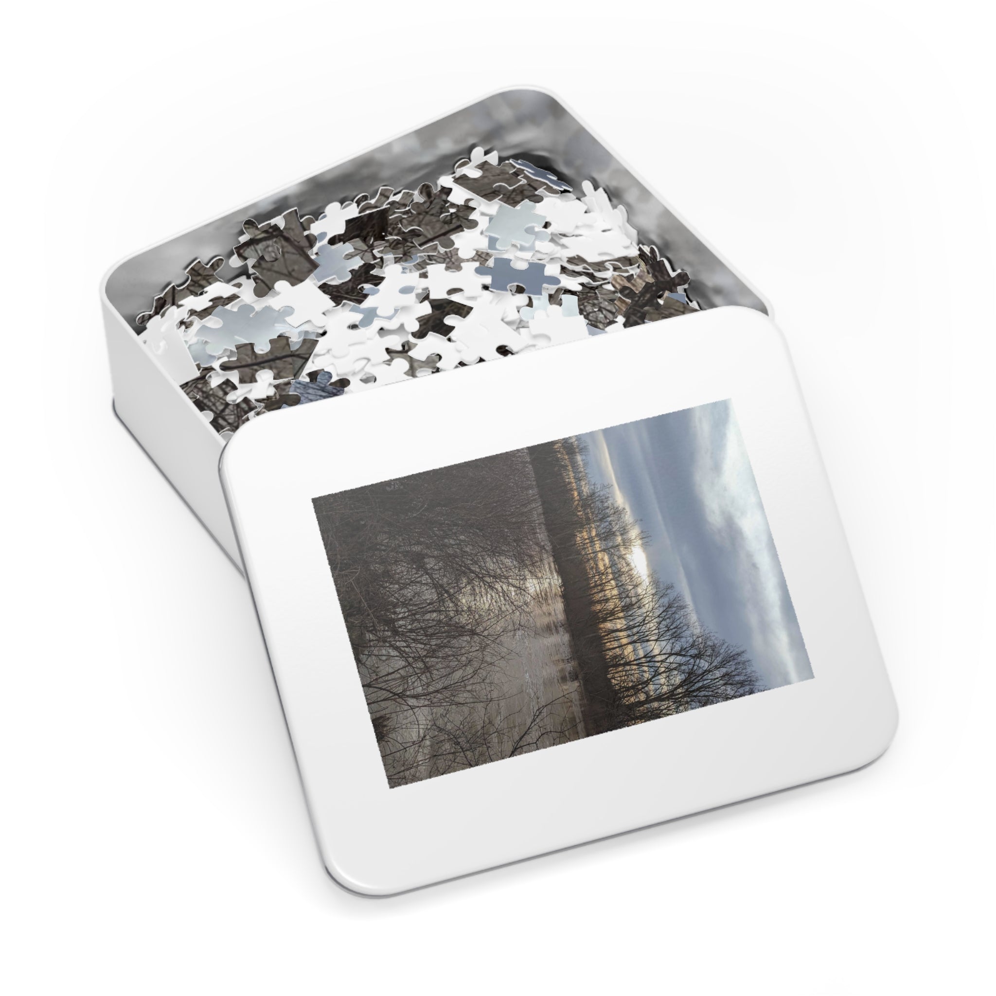 Scenic Winter Marsh Jigsaw Puzzle with Tin - Tranquil Lake Sunset