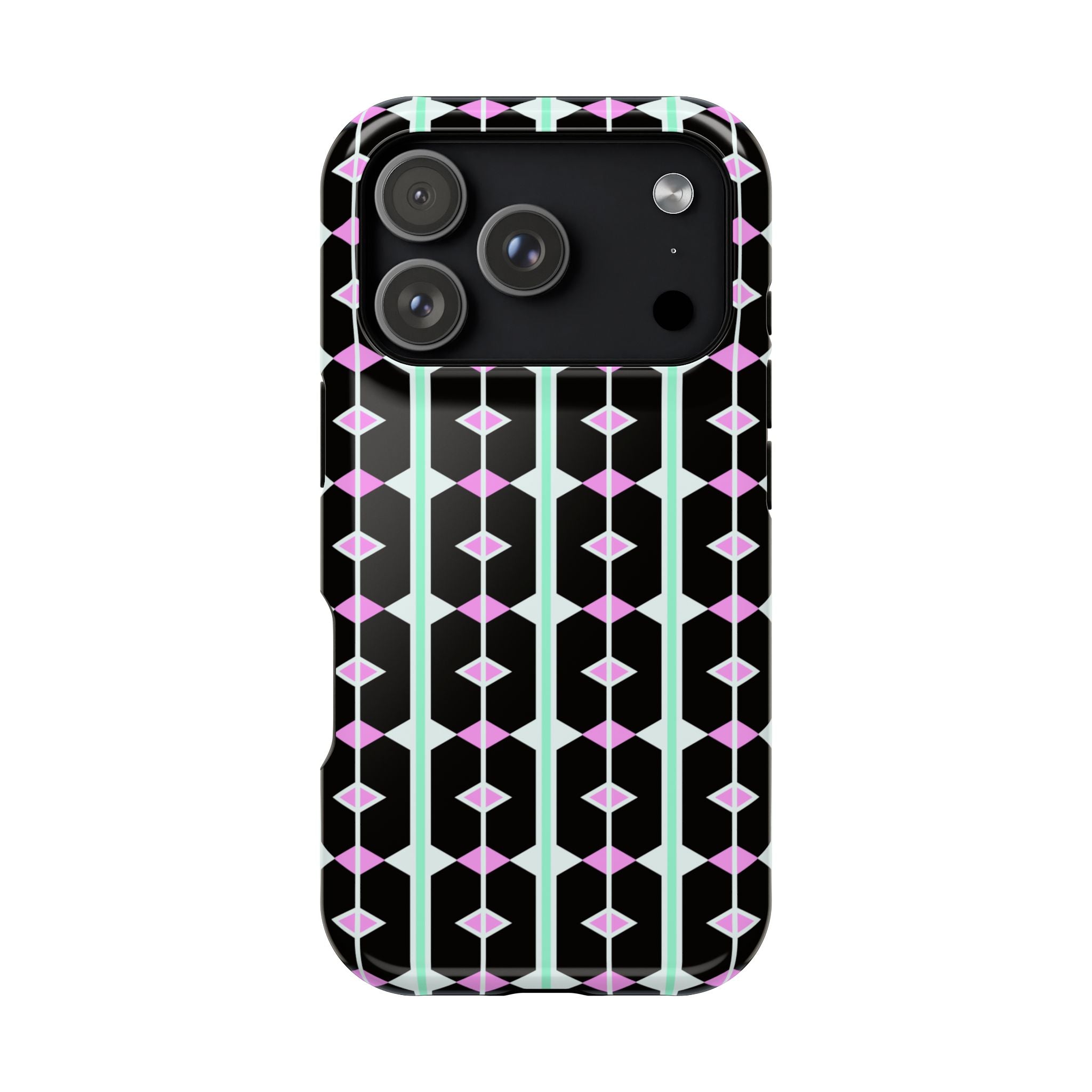 Geom Stripe Magnetic Phone Case — Black with Mint & Lavender Pattern
