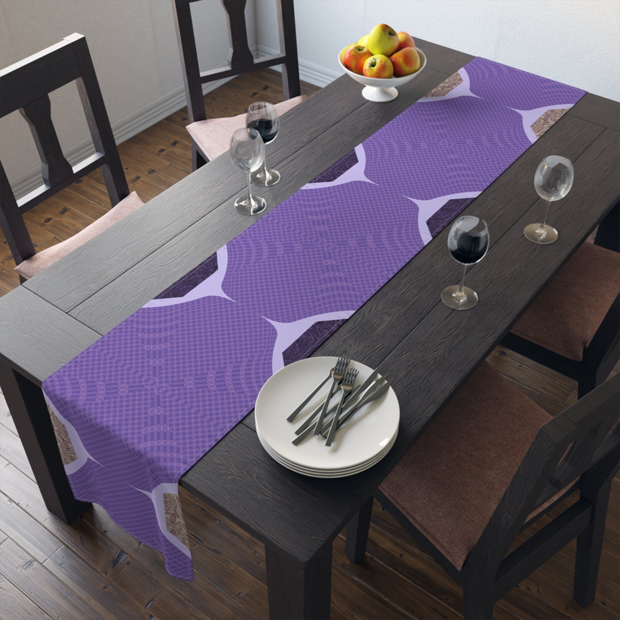 Purple Geometric Table Runner — Modern Abstract Dining Accent