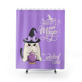 Wicked Cute Witch Cat Shower Curtain — "Make Your Own Magic" Purple Halloween Decor