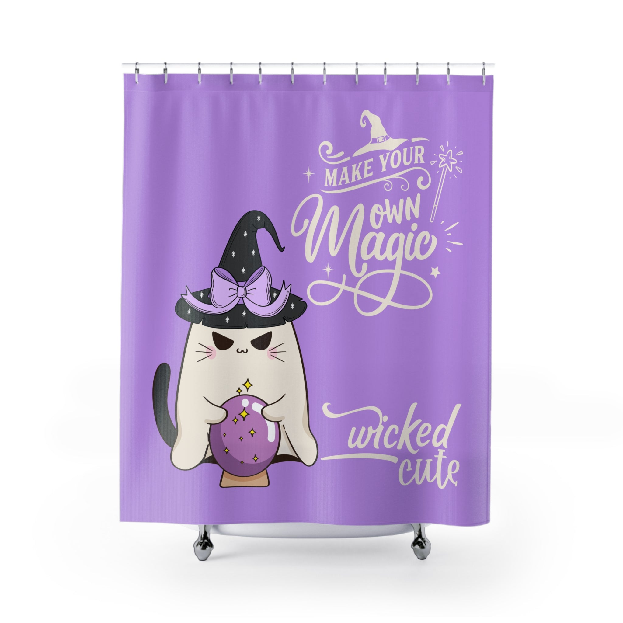 Wicked Cute Witch Cat Shower Curtain — "Make Your Own Magic" Purple Halloween Decor