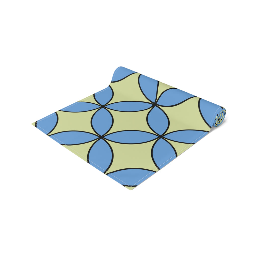 Geometric Blossom Table Runner — Blue & Lime Retro Pattern