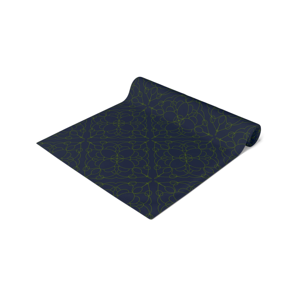 Geometric Starry Night Table Runner — Navy & Lime Cotton-Poly Blend