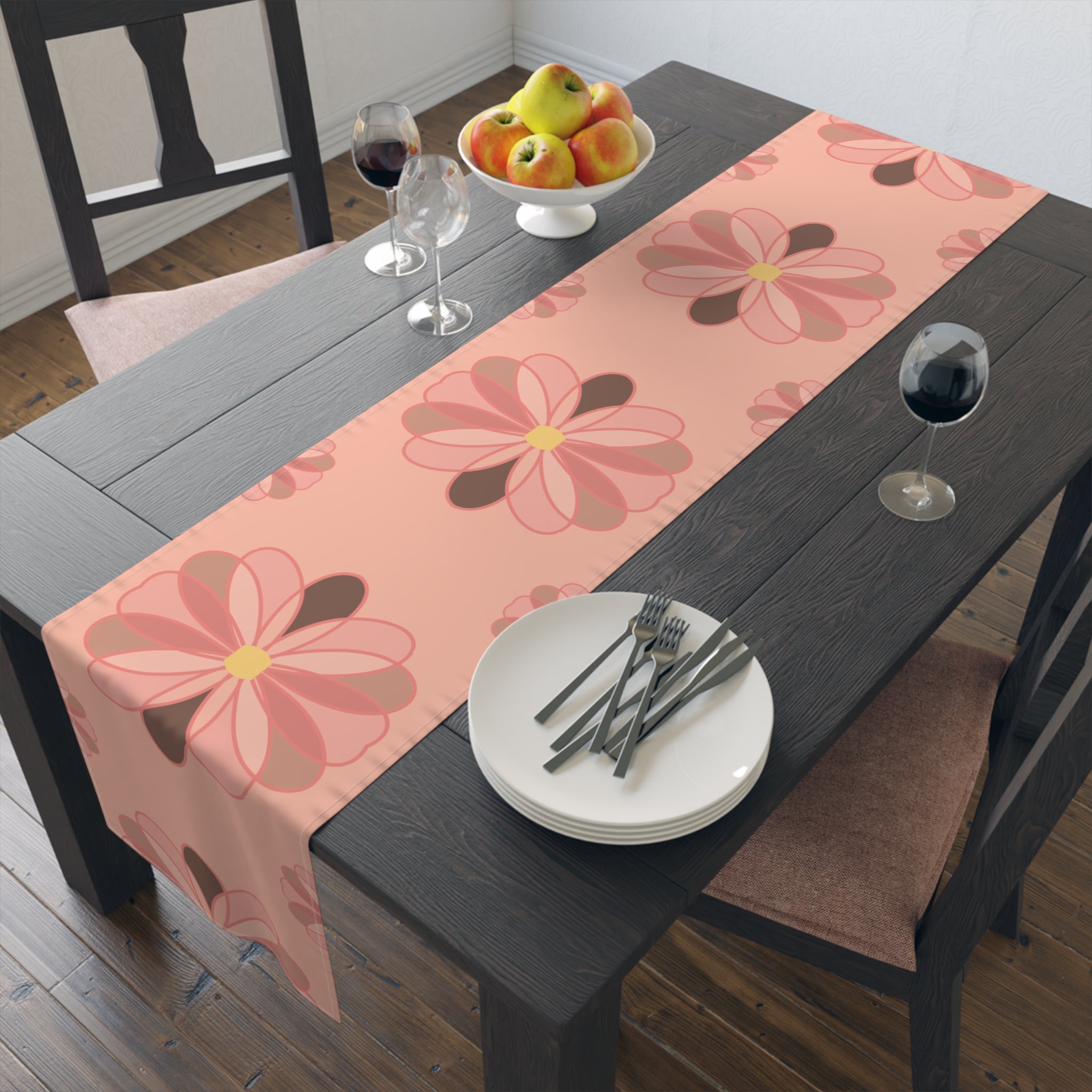 Pink Floral Table Runner — Retro Flower Pattern Cotton-Poly Table Runner