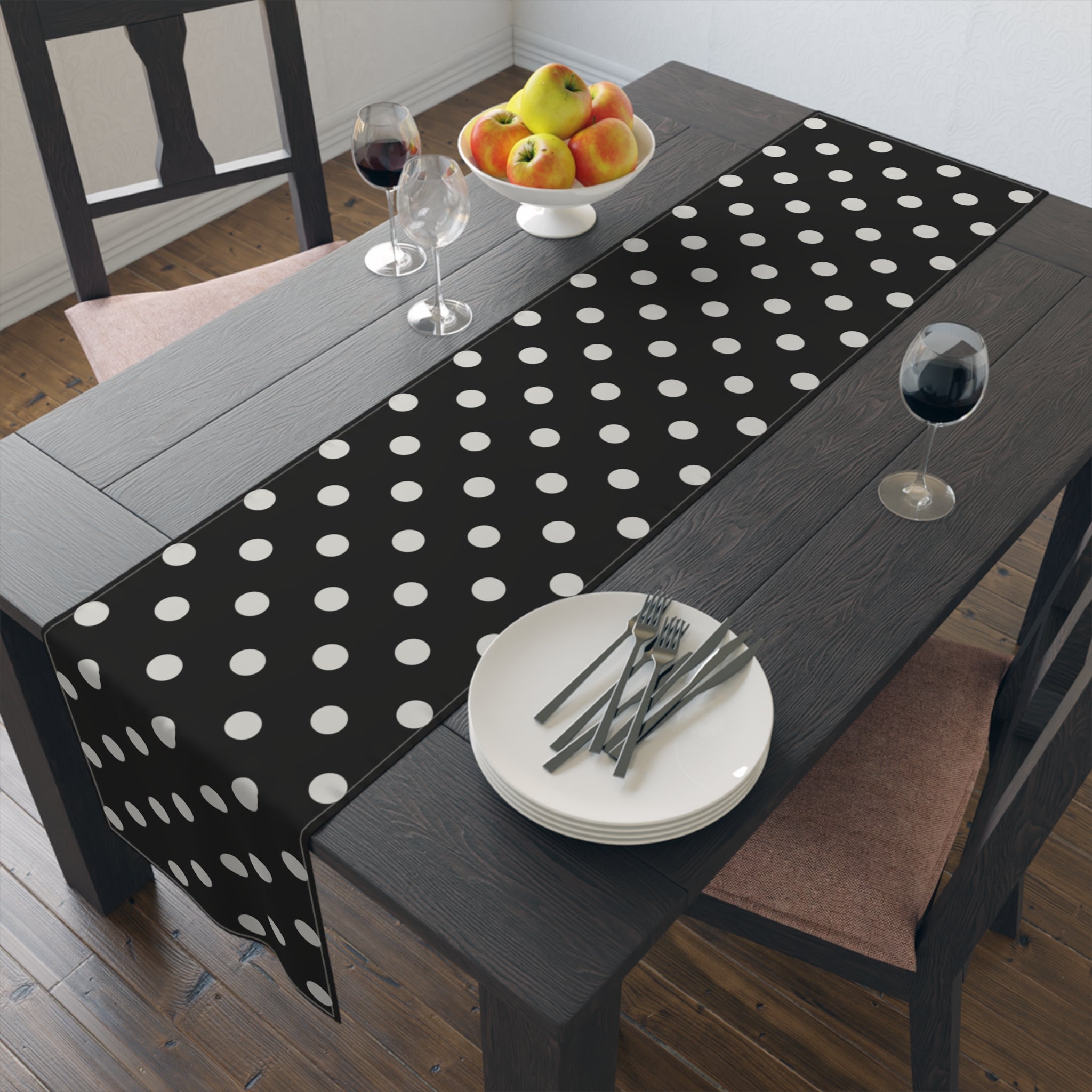 Black Polka Dot Table Runner – Classic Dotted Cotton-Poly Dining Accent