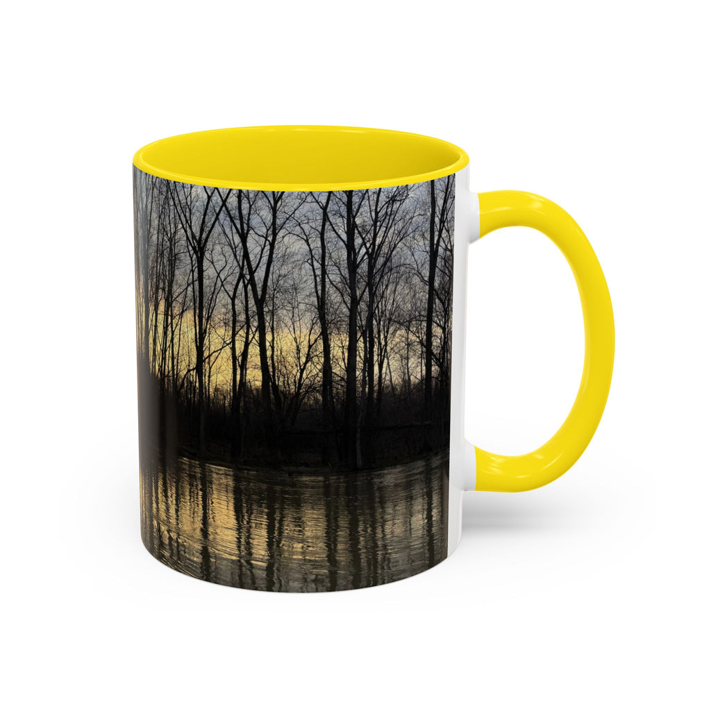 Sunset Reflection Coffee Mug — Forest Silhouette Accent Mug