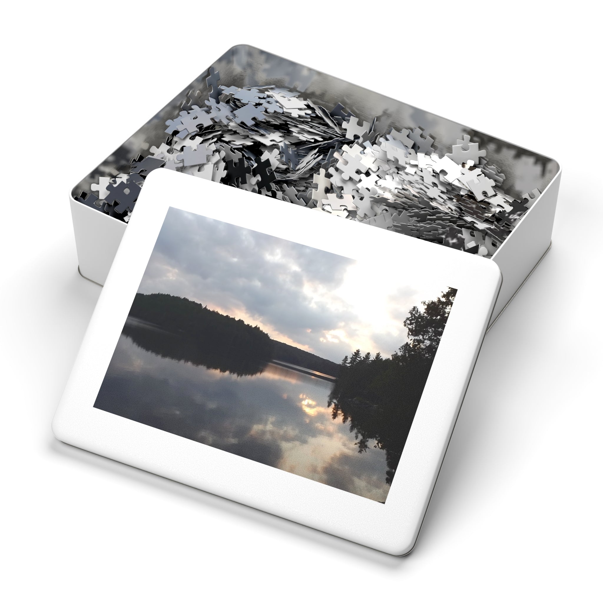 Lake Reflection Jigsaw Puzzle with Tin — Scenic Sunset Puzzle for Nature Lovers