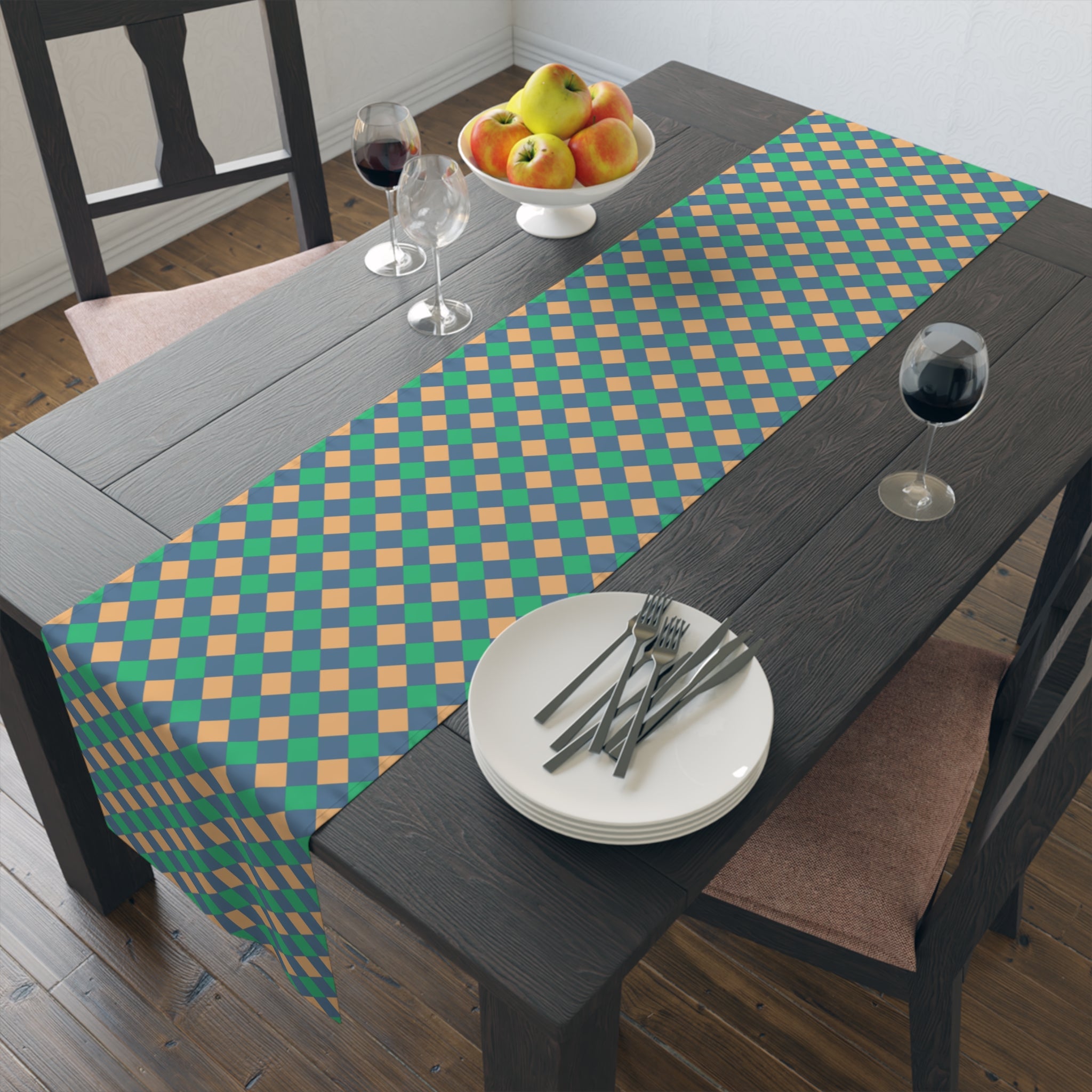 Diamond Check Table Runner — Retro Teal & Mustard Geometric Dining Decor