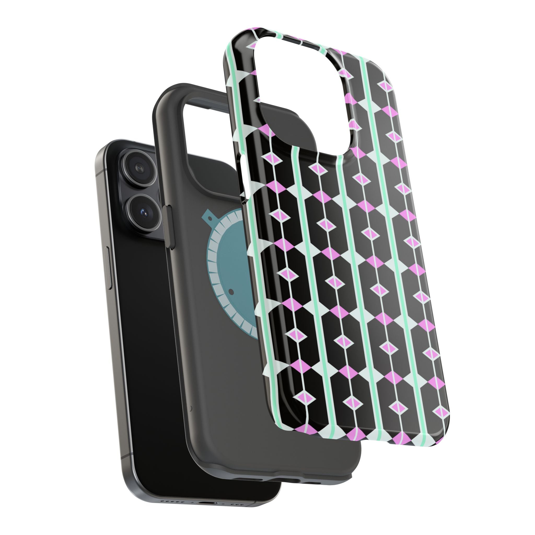 Geom Stripe Magnetic Phone Case — Black with Mint & Lavender Pattern