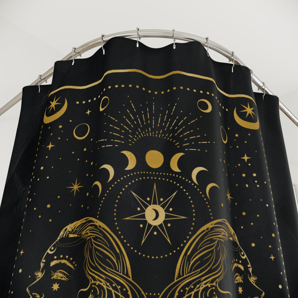 Gemini Zodiac Shower Curtain — Gold Celestial Horoscope Bathroom Decor