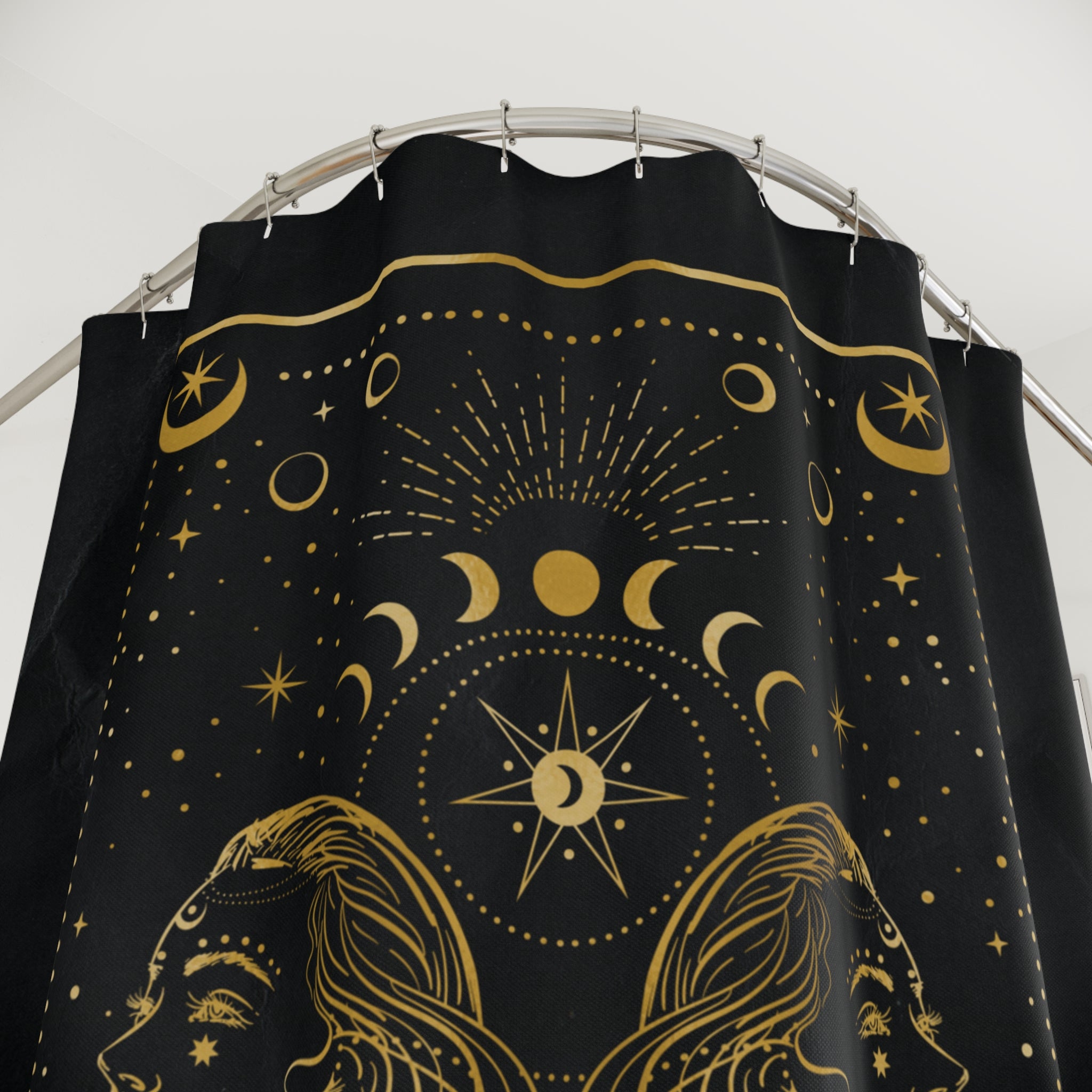 Gemini Zodiac Shower Curtain — Gold Celestial Horoscope Bathroom Decor
