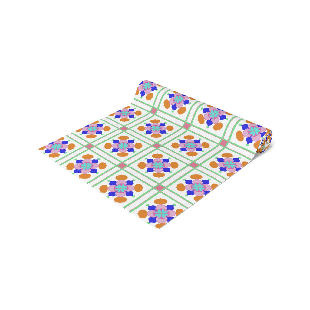 Floral Tile Table Runner — Retro Pastel Pattern Cotton-Poly Blend