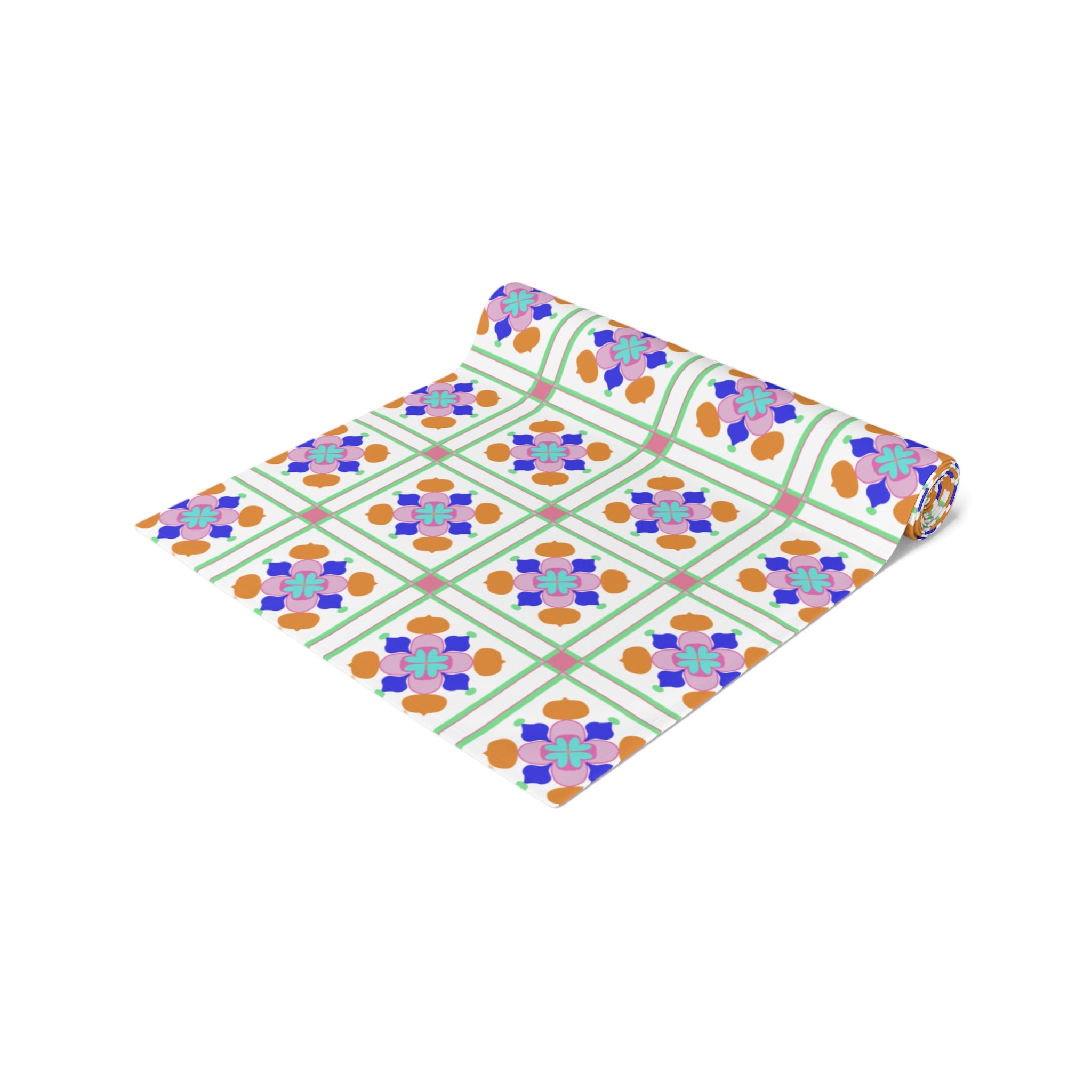 Floral Tile Table Runner — Retro Pastel Pattern Cotton-Poly Blend